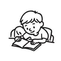A black and white drawing of a boy reading a book on the table vector
