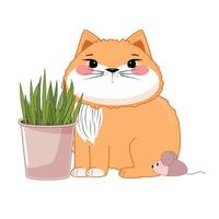 Illustration of cat, catnip plant, and toy mouse, modern animal enrichment and decor vector