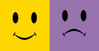 Two emoji with contrasting colors represent different emotions, a happy smile and a sad smile. Emoji are pictorial symbols used in electronic communication to express or convey feelings. vector