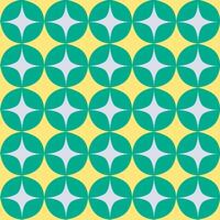 A repeating pattern of green circles with a four-pointed star shape against a yellow background. It is a seamless pattern used for textiles, wallpapers, or other design applications. vector
