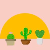 Three potted cactus against a backdrop of a yellow semi circle and a pink background. vector