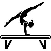 Sport emblem of girl gymnast does split in handstand on balance beam in monochrome. Engraving minimalistic image in black ink drawing on white background vector