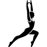 Sport emblem of girl gymnast performs a floor stretching exercise on a gymnastics mat in monochrome. Engraving minimalistic image in black ink drawing on white background vector