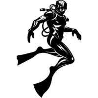 Sketchy engraving emblem of combat diver in a protective suit studies the bottom in monochrome. Engraving minimalistic image in black ink drawing on white background vector