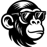 Tattoo of macaque in summer glasses head in monochrome. Carefree monkey. Engraving minimalistic image in black ink drawing on white background vector