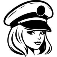 Sketchy engraving emblem of portrait of a beautiful blonde girl in an airplane captain cap in monochrome. Engraving minimalistic image in black ink drawing on white background vector