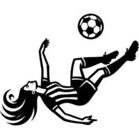 Sport emblem of female soccer player performs a complex overhead scissor kick in monochrome. Engraving minimalistic image in black ink drawing on white background vector