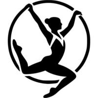Sport emblem of girl gymnast performs exercises with a gymnastic hoop ring in monochrome. Engraving minimalistic image in black ink drawing on white background vector