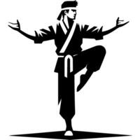 Silhouette of Kung Fu master in graceful crane style stance in monochrome. Engraving minimalistic image in black ink drawing on white background vector