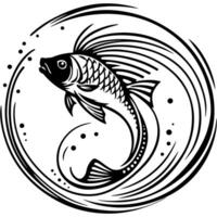 Sketchy emblem of Magic fish that fulfills wishes in monochrome. Engraving minimalistic image in black ink drawing on white background vector