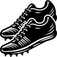 Sport emblem of pair of running sprint shoes boots in monochrome. Engraving minimalistic image in black ink drawing on white background vector