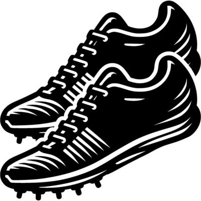 Sport emblem of pair of running sprint shoes boots in monochrome. Engraving minimalistic image in black ink drawing on white background