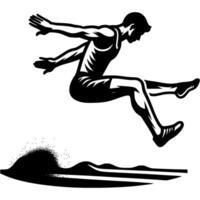 Sport emblem of long jumper lands on the sand after a record jump in monochrome. Engraving minimalistic image in black ink drawing on white background vector