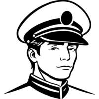 Sketchy engraving emblem of portrait of a young officer in uniform and headdress in monochrome. Engraving minimalistic image in black ink drawing on white background vector