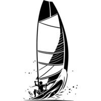 Sketchy engraving emblem of windsurfer athlete sails on a board with a sail on big waves in monochrome. Engraving minimalistic image in black ink drawing on white background vector