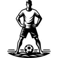 Tattoo emblem of confident beach soccer player awaits start of match and the referee command in monochrome. Engraving minimalistic image in black ink drawing on white background vector