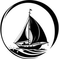 Sketchy engraving emblem of traveler yacht sailing on a stormy ocean in monochrome. Engraving minimalistic image in black ink drawing on white background vector