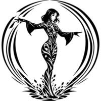 Sketchy emblem of charming sorceress controlling water elements in monochrome. Engraving minimalistic image in black ink drawing on white background vector