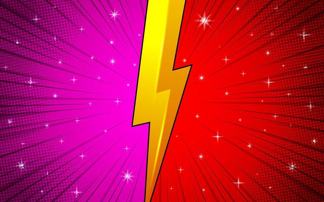 Comic book versus with thunder lightning in the background. Pop art style