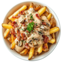 Fries with mushroom sauce on transparent Background png