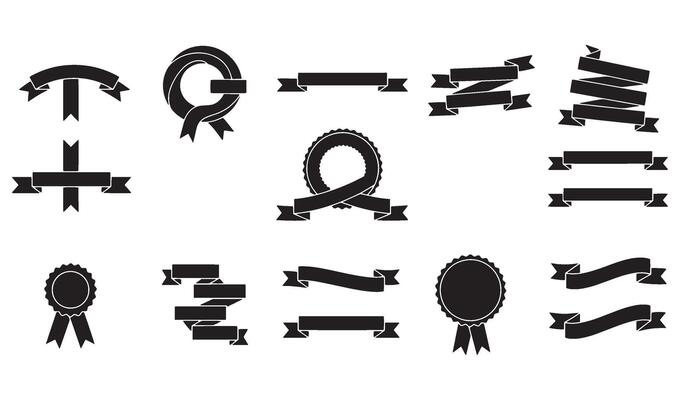 Hand Drawn Ribbon Art Set Including Monochrome Curves and Retro Labels