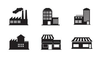 Editable Building Icon Set Pack with black line silhouette design style vector