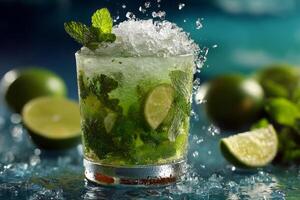 Mojito cocktail with lime, mint and crushed ice photo