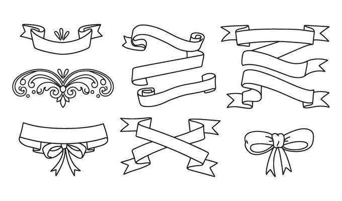 Hand Drawn Ribbon Art Set Featuring Outline Style Curves and Label Forms