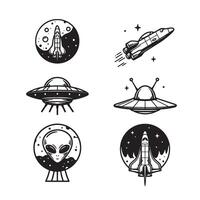 Detailed Alien Spaceship Design and Moon Rocket Drawing for Space Themes vector