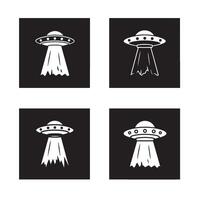 Black and white Alien UFO Beam Light spacecraft icon set with abduction visuals vector