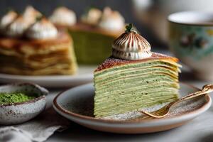 Matcha mille crepe cake with cream layers on plate photo