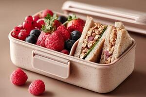 Lunchbox with strawberries, raspberries and sandwich photo