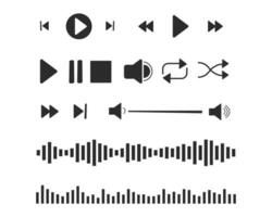 Music or play interface bar icon, voice record display set, buttons. Podcast playlist, play button. Song simple equalizer, record. vector