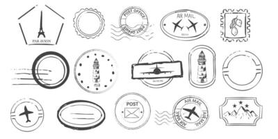 Air mail stamp retro vintage postage sign. Post stamp with plane icon, border template, rubber wavy frame for envelope. Postmark seal design element. vector