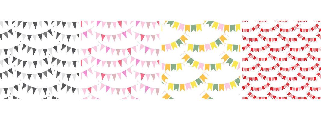 Festive pennant garland on rope Seamless Pattern Grayscale Monochrome pink, red and multicolored Set. Isolated illustration Wallpaper Thematic cards Wrapping, posting, web promo banner, leaflet
