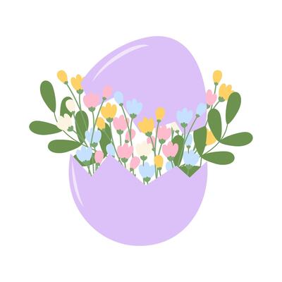 Vibrant purple egg cracked open to reveal blooming flowers, symbolizing the joyous arrival of spring. Easter or Springtime greeting Design element idea Thematic or Promo Cards, poster, banner, leaflet