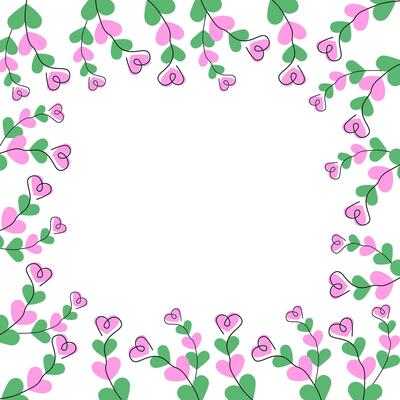 Symbolic heart shape twigs against heart shape spots pink and green Frame border Copy space Template. Isolated Illustration Thematic Seasonal Cards, web promo banner, leaflet, price tag, poster
