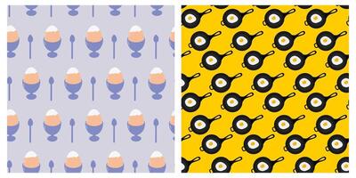 Boiled Egg in egg holder and Fried egg in pan Culinary Seamless Patterns with eggs Egg Day Backdrop. Isolated illustration Food poster Thematic or menu Cards, web promo leaflets, banner, labels vector