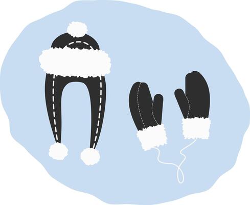 Ear flap hat and Mittens with fur decor Winter clothes Sticker Icon Logo Tag design element Idea Set. Isolated illustration Winter Holiday Thematic Card or promo leaflets, banner, poster, label