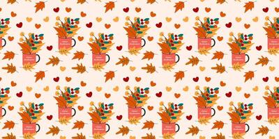Cozy Autumnal Pattern Featuring Vibrant Leaves and Hello Autumn Lettering on Mugs Seamless Pattern. Isolated illustration Wrapping Background Wallpaper web promo banner, thematic cards, leaflet vector