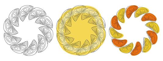 Outline Freehand Citrus Slices Create Circular Frame border Copy space Template Set Three design idea. Isolated illustration Seasonal Menu Cards, price tag, labels or promo banner, leaflet, tag vector