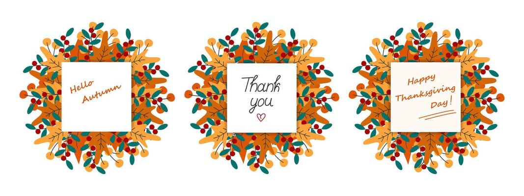 Hello Autumn Thank you and Happy Thanksgiving Day Lettering on Note pages Autumn leaves Wreath Set. Isolated illustration Greeting Thematic Cards Poster or web promo banner, leaflet, label, tag