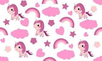 A pattern with a cute unicorn, a rainbow, a heart, a cloud and a star on a white background. vector