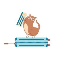 A cheerful cat with glasses with a ticket on a suitcase on a white background vector