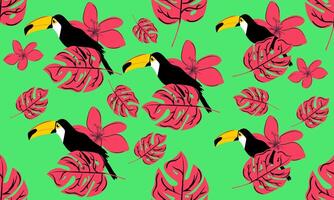 Tropical pattern with cute toucan, monstera leaf and flower on green background vector