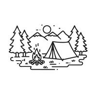 Adventure Camping Scene with Fire Pit and Serene Nature Backdrop vector