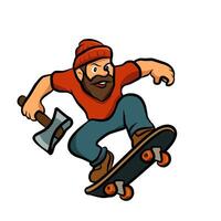 illustration of a lumberjack wearing a red beanie and shirt, riding a skateboard while holding an axe. Fun and dynamic concept combining traditional woodcutter identity with urban sport culture vector