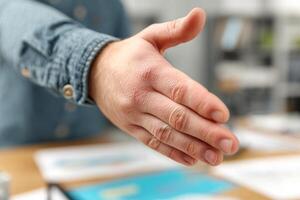 Man extending hand for handshake at business meeting photo