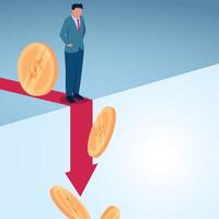 A man stands on the edge of an arrow pointing down. A metaphorical illustration for financial crisis, losses and inflation. vector