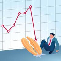 A man sits watching an arrow fall and split a coin. A metaphorical illustration for financial crisis, losses and inflation. vector